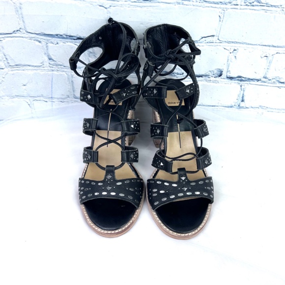 •|•DOLCE VITA•| Black Leather Studded Gladiator Sandals Size 9 w/ 4" Heel - Picture 4 of 16
